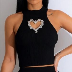 Cropped high neck jewel heart cutout tank top